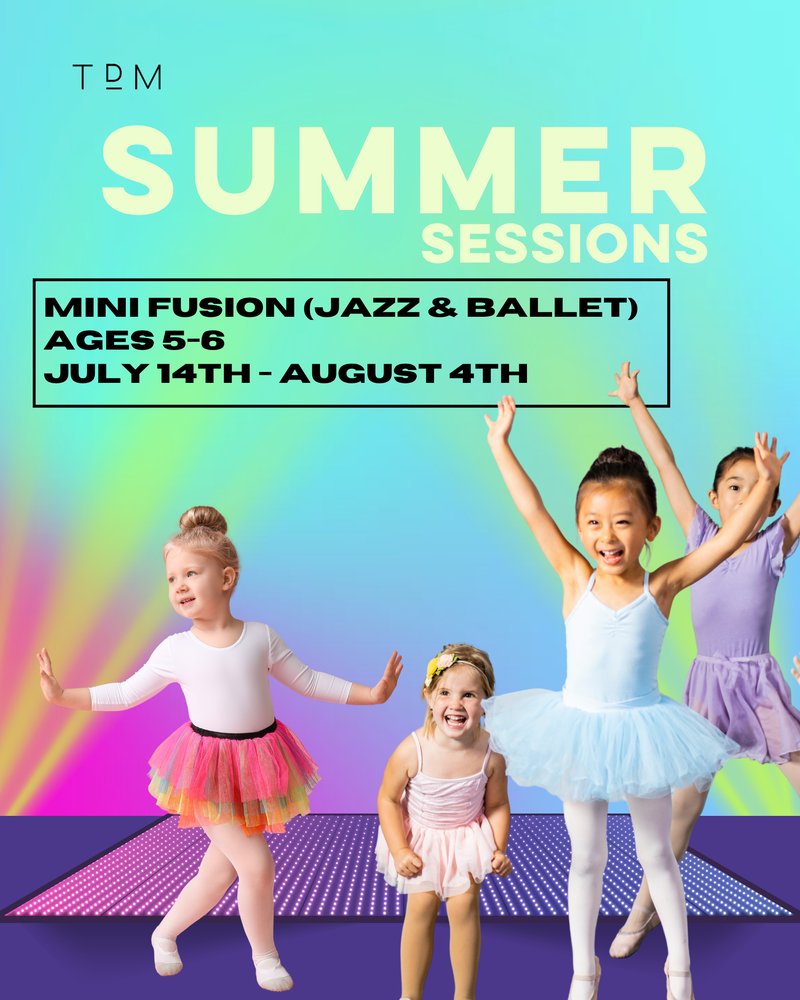 Mini Fusion summer dance poster — four young ballerinas in a rainbow gradient setting