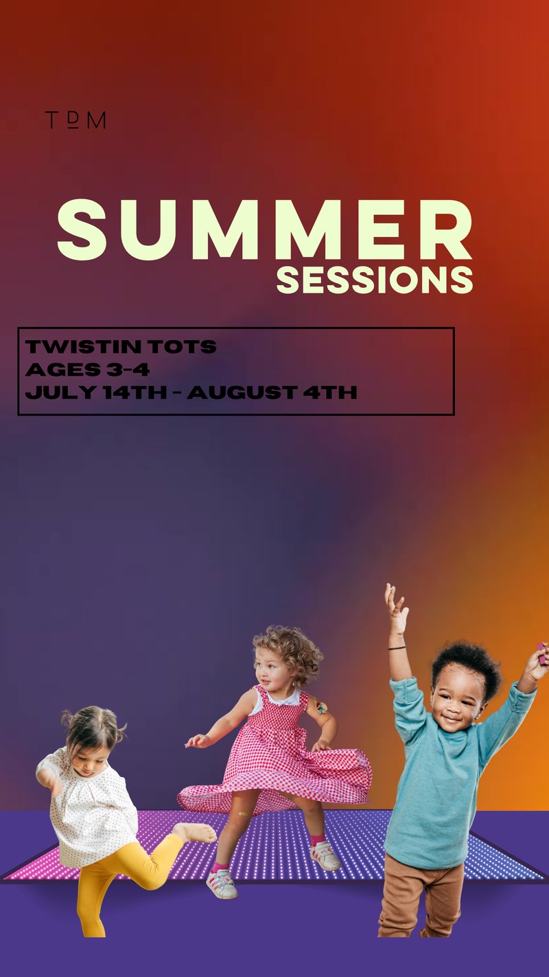 Twistin' Tots summer dance poster — three young children dancing joyfully
